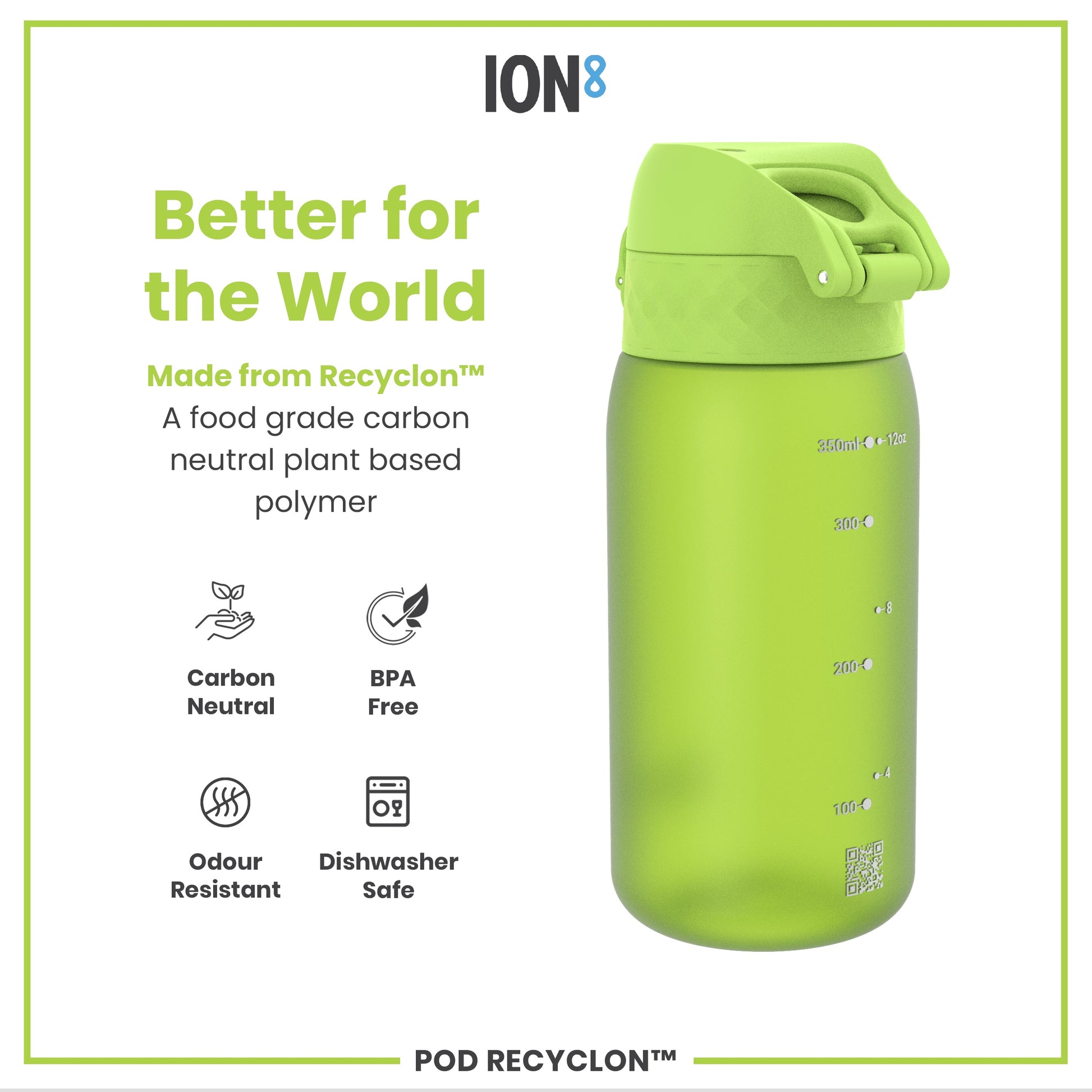 A light green water bottle sits on a white background. The bottle is made from Recyclon™, a plant-based polymer, and is BPA-free, odor-resistant, and dishwasher-safe. It has volume markings in milliliters and ounces.