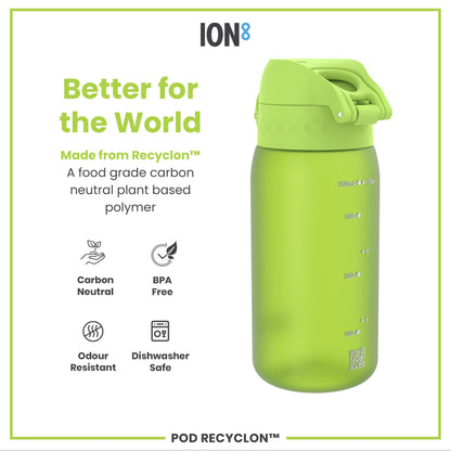 A light green water bottle sits on a white background. The bottle is made from Recyclon™, a plant-based polymer, and is BPA-free, odor-resistant, and dishwasher-safe. It has volume markings in milliliters and ounces.
