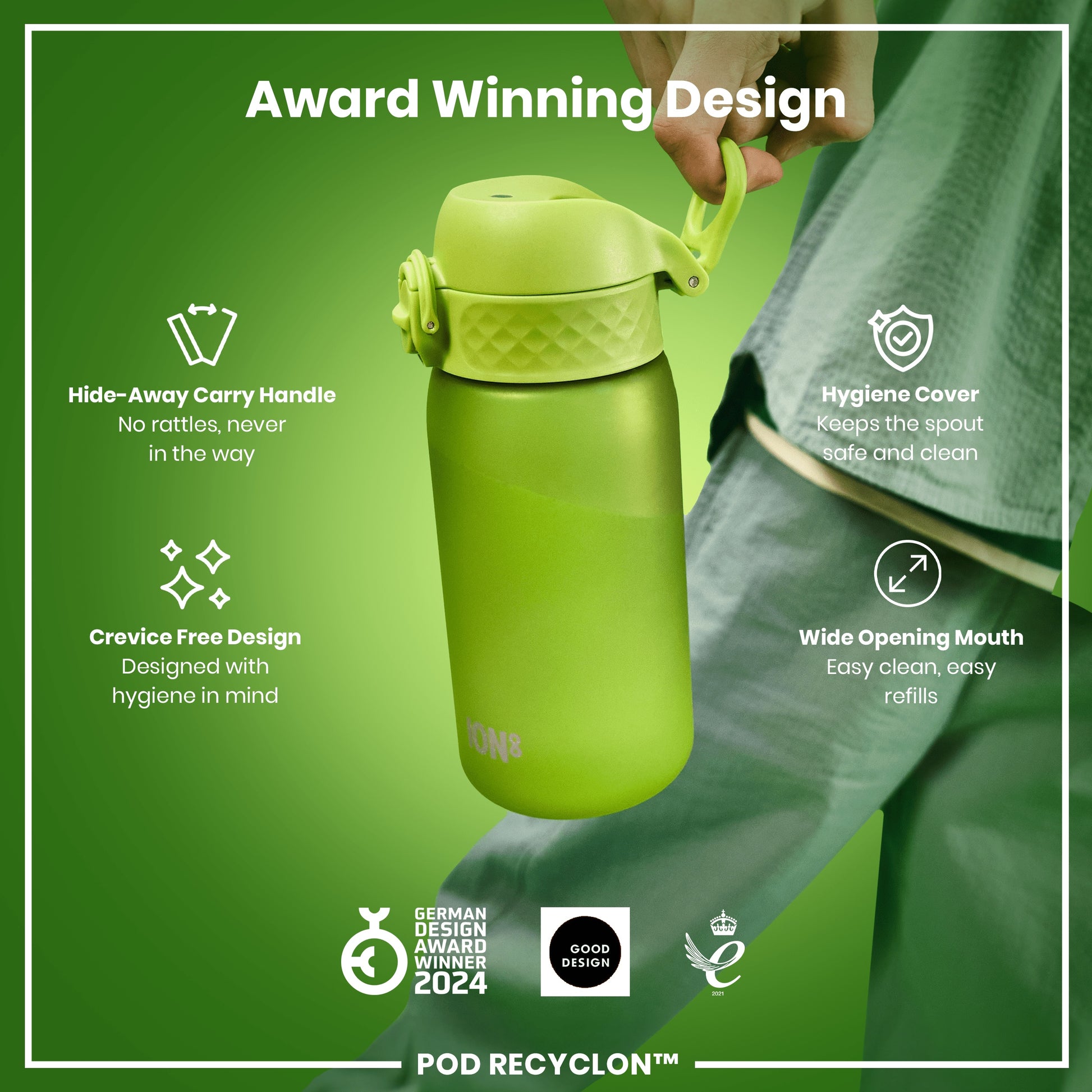A lime-green water bottle is being held; it features a hide-away handle, wide mouth, and hygiene cover. The bottle is advertised as an award-winning design.
