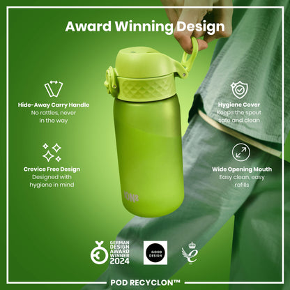 A lime-green water bottle is being held; it features a hide-away handle, wide mouth, and hygiene cover. The bottle is advertised as an award-winning design.