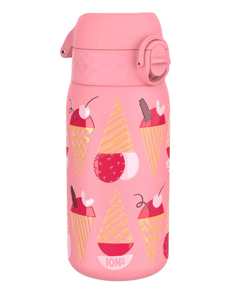 A pink, ice cream-patterned water bottle sits against a white background. The bottle features a flip-top lid and the brand "ION8" is visible at the base.