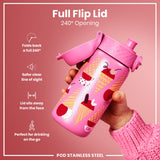 A pink stainless steel water bottle, featuring an ice cream design, is being held; its full flip lid, offering a 240° opening, is shown. The bottle is displayed against a pink background. The text reads 