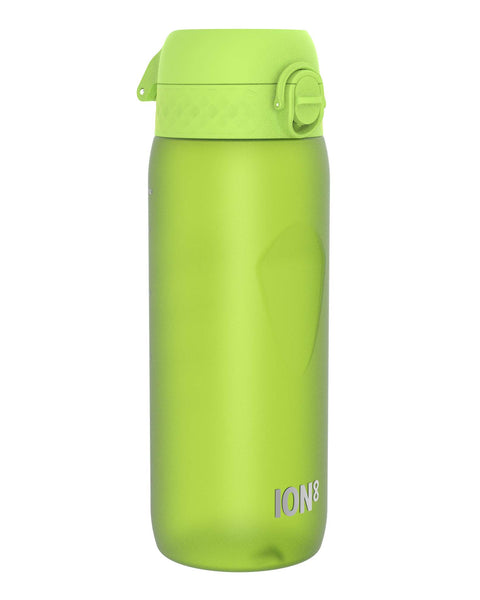 A lime-green ION8 water bottle stands upright against a white background. The bottle has a hinged, green lid.
