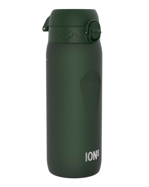 A dark-green ION8 water bottle stands upright against a white background. The bottle has a hinged lid with a textured top and a carrying loop.
