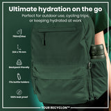 A dark-green backpack, shown being worn, is advertised as ideal for outdoor activities, cycling, or workplace hydration. It's 750ml/24oz, 224 x 78 mm, backpack-friendly, fits bottle holders, and is 100% leak-proof. TOUR RECYCLON™