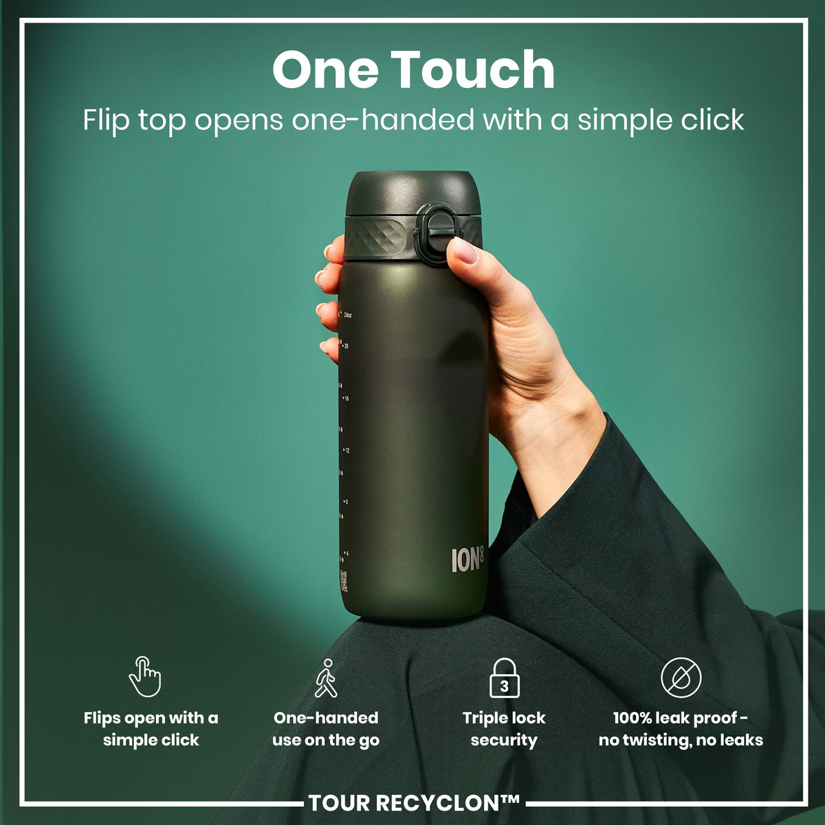A dark-green water bottle is being held; its flip top opens with a single click. The bottle features a triple lock security mechanism and is 100% leakproof. The background is teal.