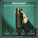 A dark-green water bottle is being held; its flip top opens with a single click. The bottle features a triple lock security mechanism and is 100% leakproof. The background is teal.