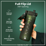 A dark-green water bottle with a black lid is held; its lid flips open 240 degrees. Measurements in milliliters and ounces are printed on the bottle. The background is a dark-green.