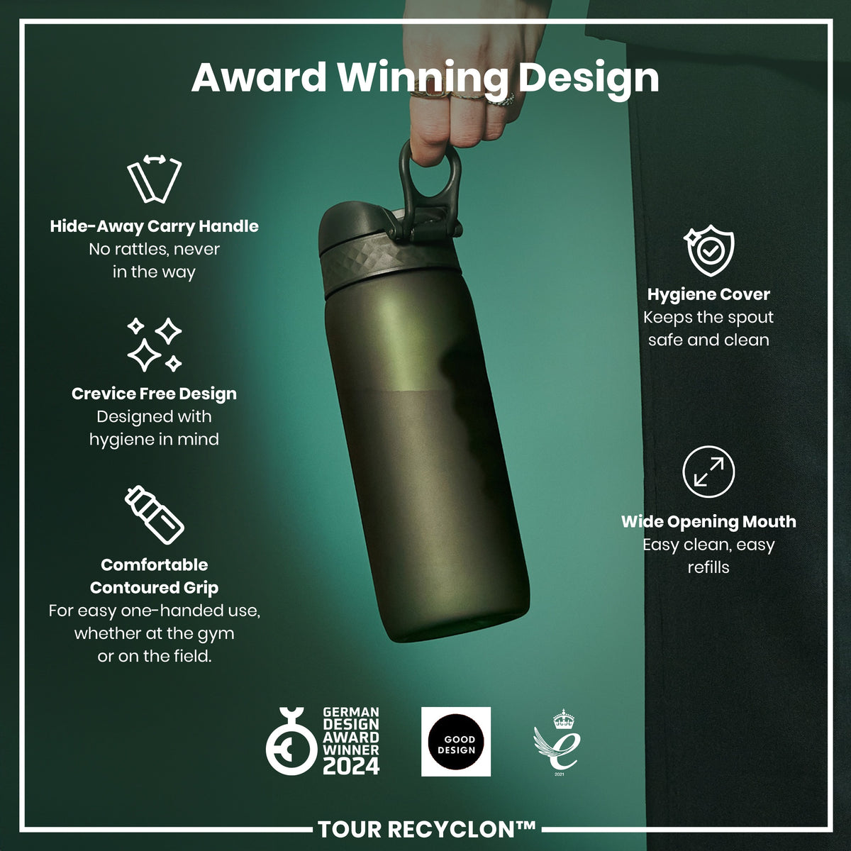 A dark-green water bottle is being held; its features are highlighted. The bottle has a hide-away handle, crevice-free design, contoured grip, hygiene cover, and wide opening mouth. Awards are shown for its design.