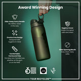 A dark-green water bottle is being held; its features are highlighted. The bottle has a hide-away handle, crevice-free design, contoured grip, hygiene cover, and wide opening mouth. Awards are shown for its design.