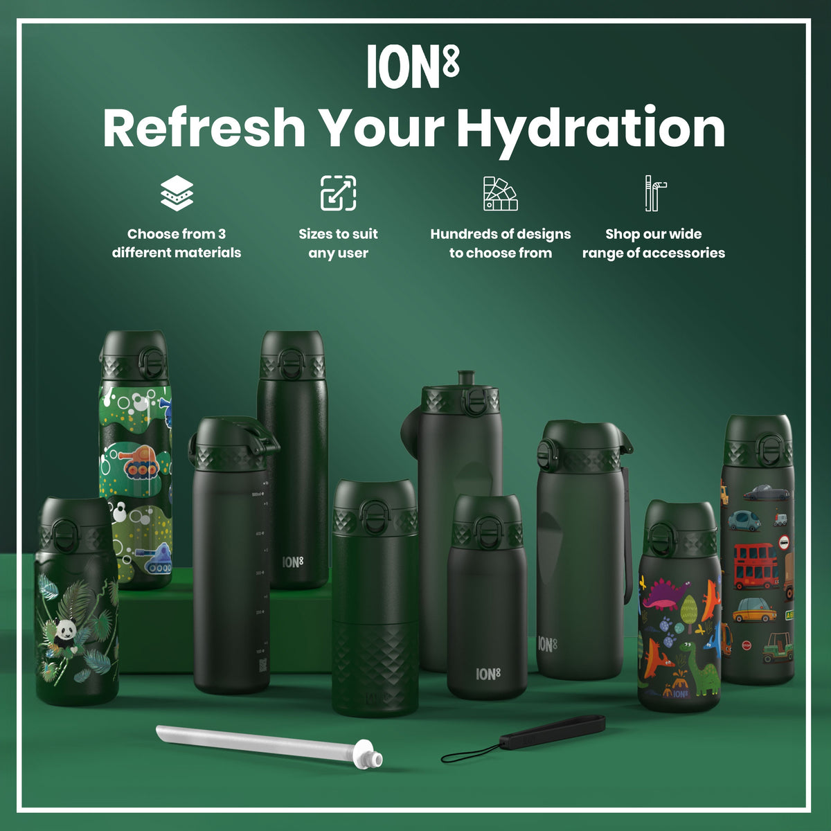Several dark-green ION8 water bottles, varying in size and design, are displayed on a green surface. Accessories are shown nearby. "Refresh Your Hydration" is written above.