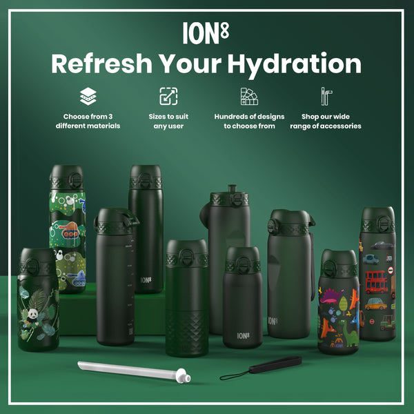 Several dark-green ION8 water bottles, varying in size and design, are displayed on a green surface. Accessories are shown nearby. "Refresh Your Hydration" is written above.