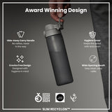 A dark-grey water bottle is being held; its features—a hide-away handle, hygiene cover, and wide mouth—are highlighted against a dark background. 