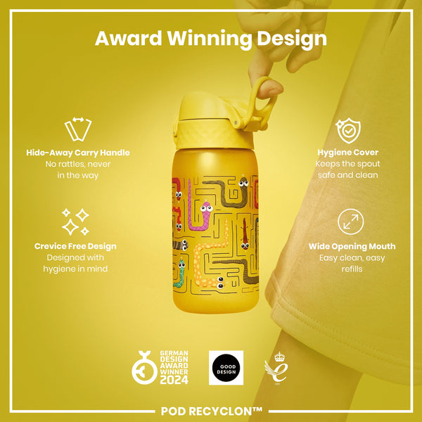 A yellow water bottle, featuring a maze design and a hide-away handle, is being held against a yellow background. The bottle boasts a crevice-free design and wide mouth for easy cleaning and refills. Award logos are displayed below.
