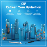 Several blue water bottles, of varying sizes and designs, are displayed on a blue surface. They showcase different material choices and accessories. The text reads: 