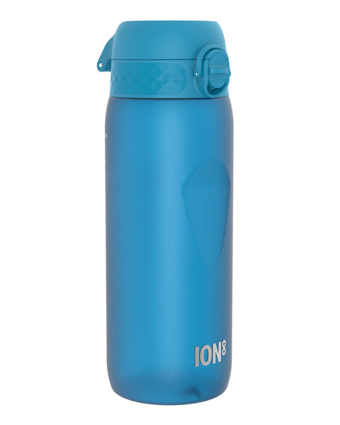 A blue plastic water bottle stands upright against a white background. The bottle has a screw-on lid with a carrying loop and the logo ION8 is visible near the base.