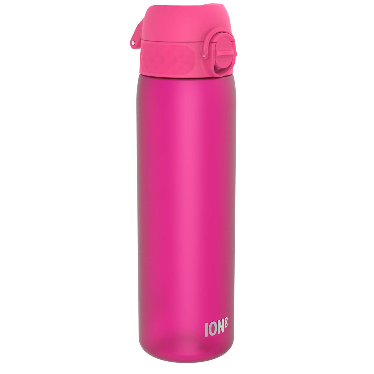 A pink ION8 water bottle stands against a white background. The bottle is upright and features a pink screw-top lid.