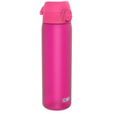 A pink ION8 water bottle stands against a white background. The bottle is upright and features a pink screw-top lid.