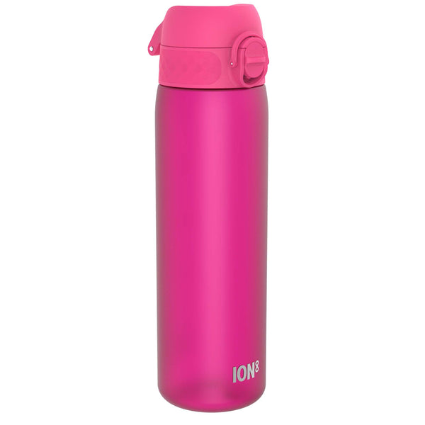 A pink ION8 water bottle stands against a white background. The bottle is upright and features a pink screw-top lid.