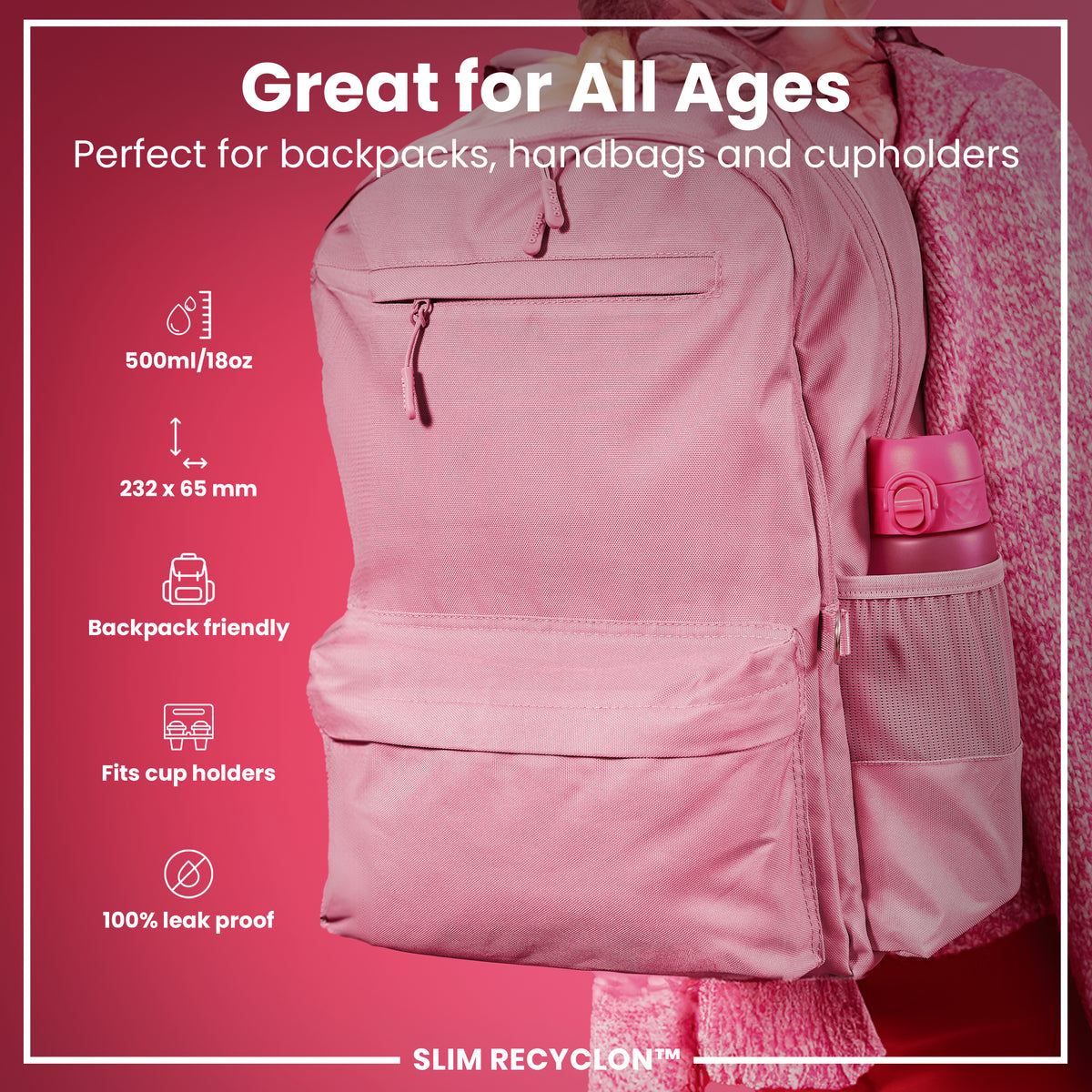 Leak Proof Slim Water Bottle, Recyclon, Pink, 500ml (18oz)