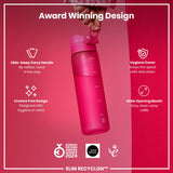 A pink water bottle is being held; it has a hide-away handle, hygiene cover, and wide mouth. The bottle is award-winning, with a crevice-free design for hygiene. The text also states: 