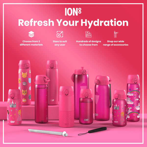 Pink ION8 water bottles, of varying sizes and designs, are displayed on a pink surface. The bottles feature cartoon images and are accompanied by accessories. The text reads: "Refresh Your Hydration," "Choose from 3 different materials," "Sizes to suit any user," "Hundreds of designs to choose from," "Shop our wide range of accessories."