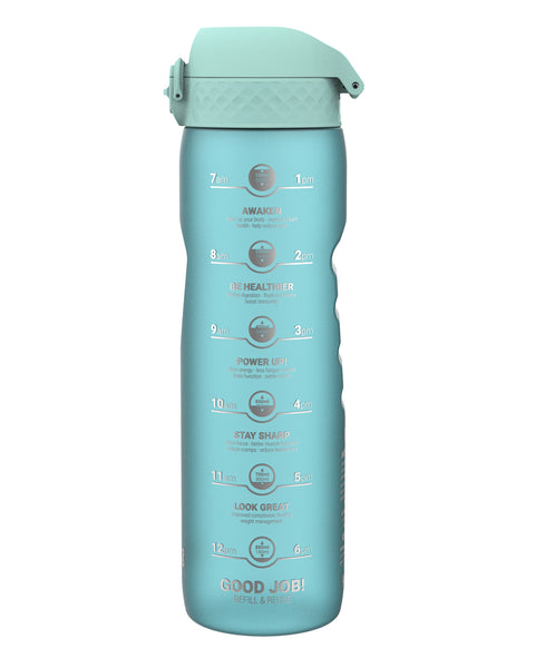 A teal water bottle, displaying hydration goals with corresponding times, stands against a white background.