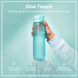 A light-blue water bottle is held; its flip top opens one-handed. The bottle is partially full and features a simple click mechanism. The context is a promotional graphic highlighting its features.