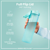 A light-blue water bottle with a full flip lid is being held; the lid folds back 240°, providing a clear line of sight and sitting away from the face, perfect for on-the-go drinking. QUENCH RECYCLON™