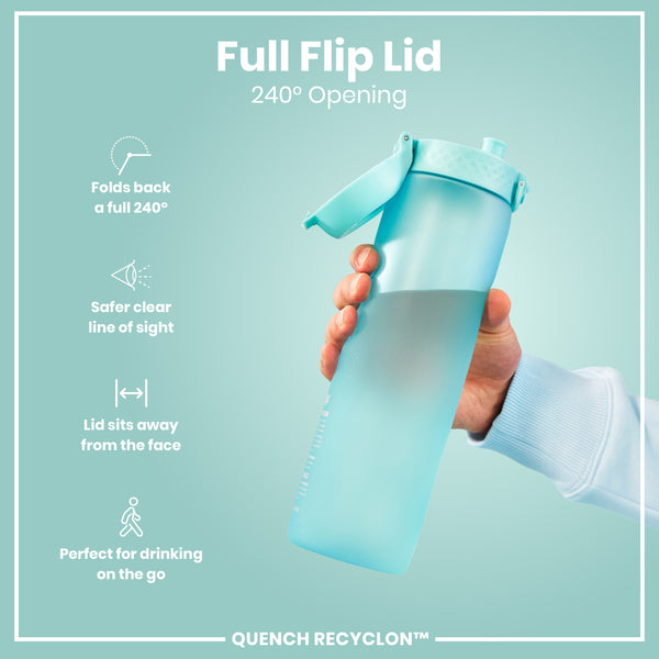 A light-blue water bottle with a full flip lid is being held; the lid folds back 240°, providing a clear line of sight and sitting away from the face, perfect for on-the-go drinking. QUENCH RECYCLON™