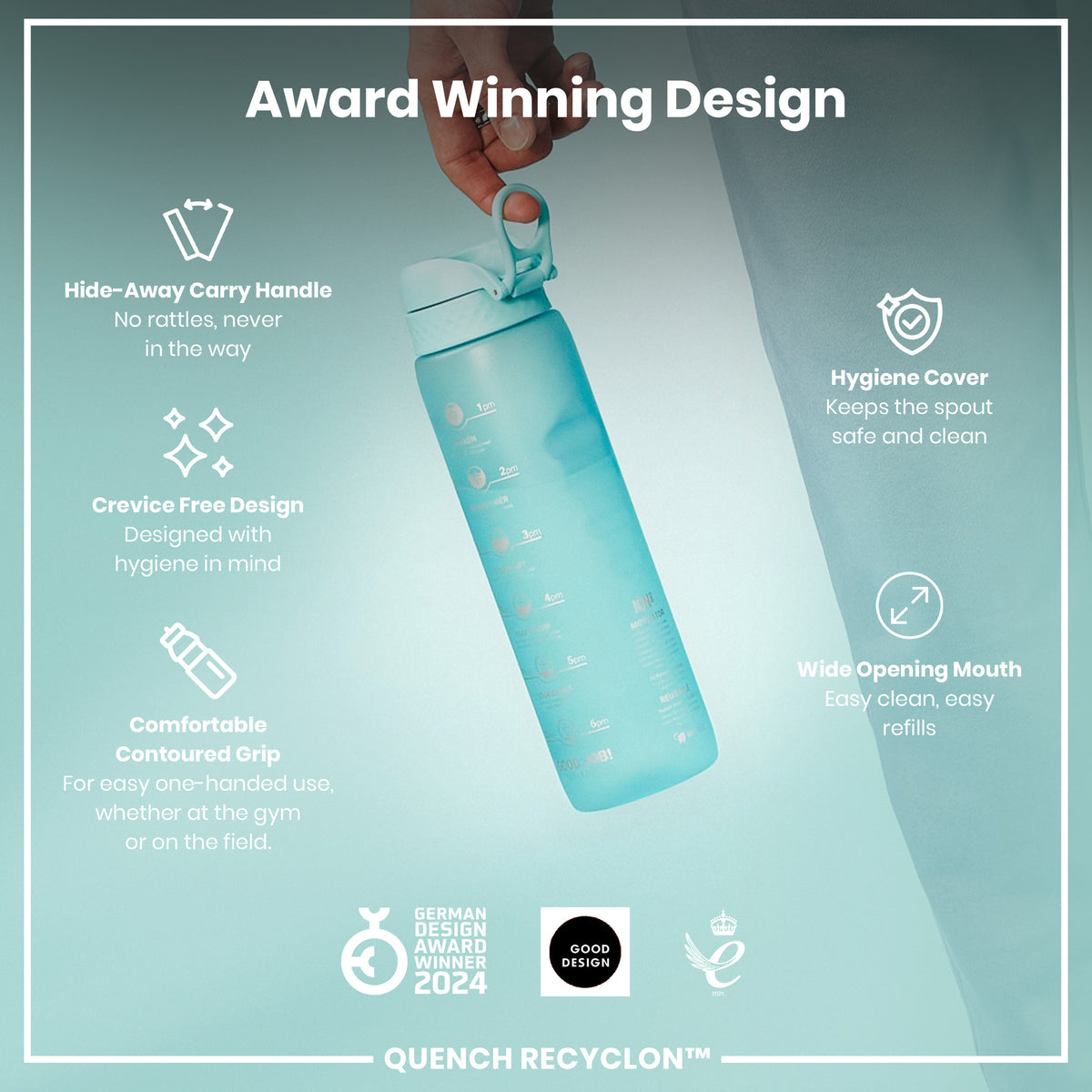 A light-blue water bottle is being held. Its features include a hide-away handle, a crevice-free design, and a wide mouth. The bottle is marketed as an award-winning design.