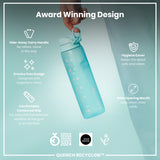 A light-blue water bottle is being held. Its features include a hide-away handle, a crevice-free design, and a wide mouth. The bottle is marketed as an award-winning design.