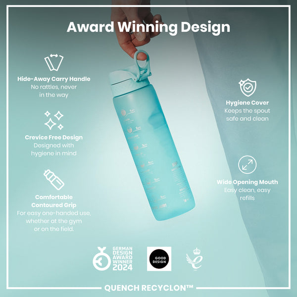 A light-blue water bottle is being held. Its features include a hide-away handle, a crevice-free design, and a wide mouth. The bottle is marketed as an award-winning design.
