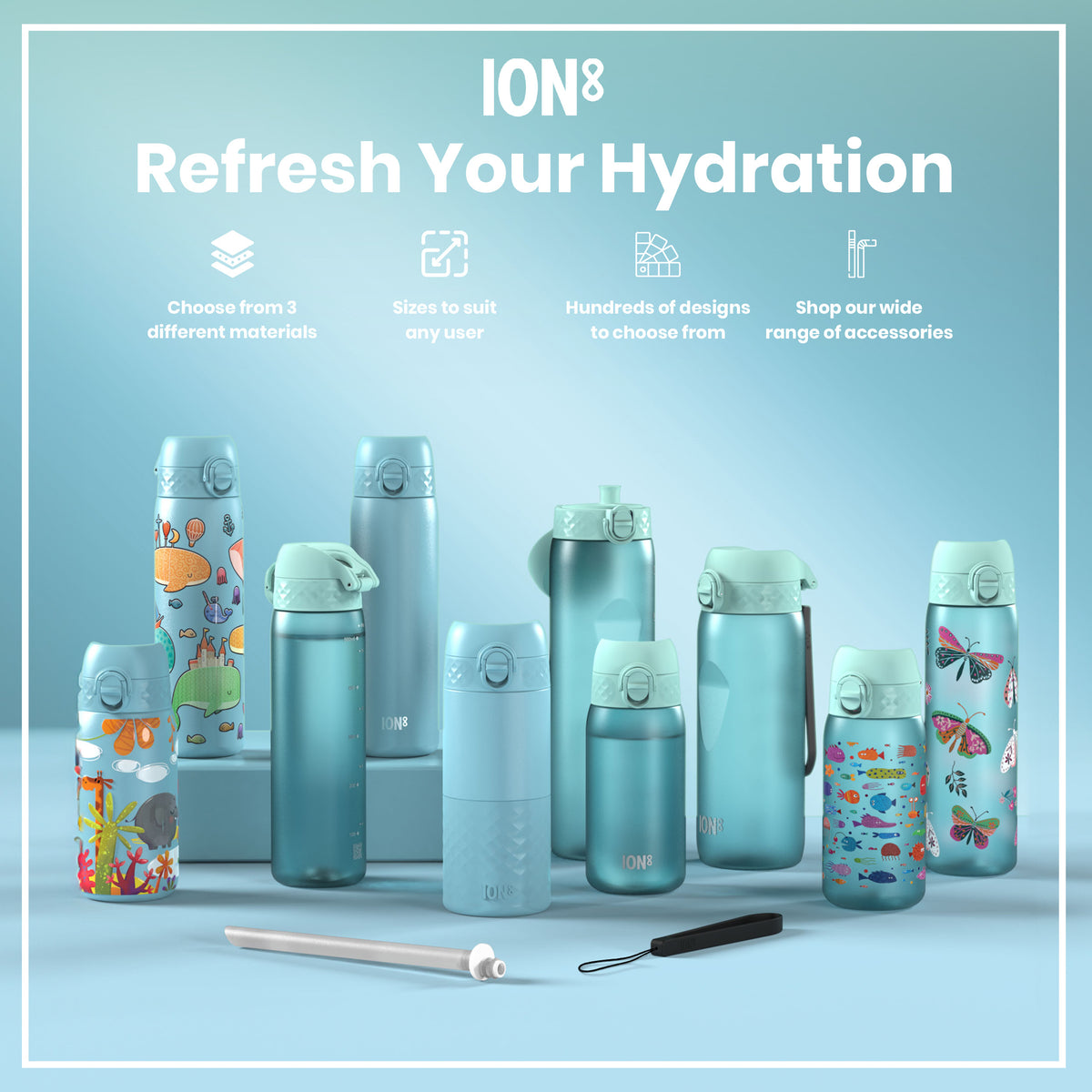 Several pastel-blue water bottles, varying in size and design, are displayed on a light-blue surface. They feature various colorful prints. Accompanying accessories are also shown. ION8 branding is visible.