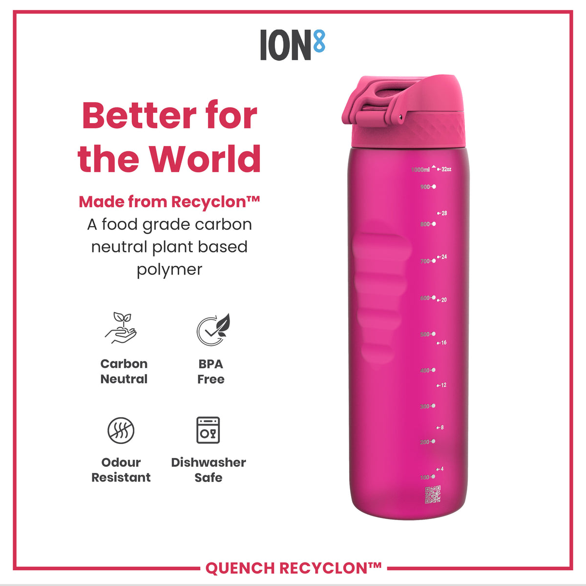 Leak Proof 1 litre Water Bottle, Recyclon, Pink, 1L