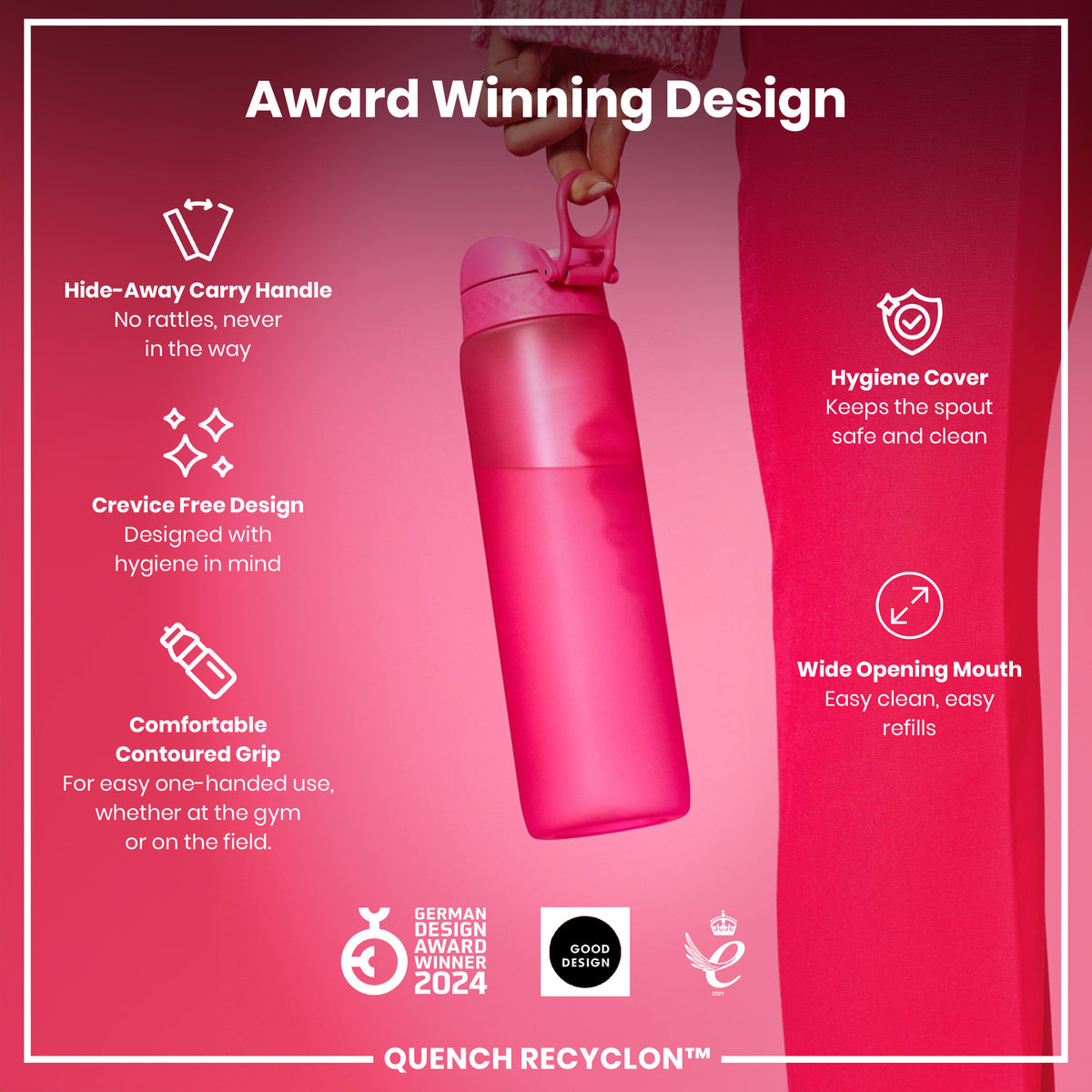 Leak Proof 1 litre Water Bottle, Recyclon, Pink, 1L