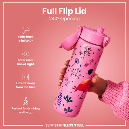 A pink, floral-patterned water bottle is held; its full flip lid opens 240°. The bottle is slim stainless steel, and the design facilitates convenient on-the-go drinking.