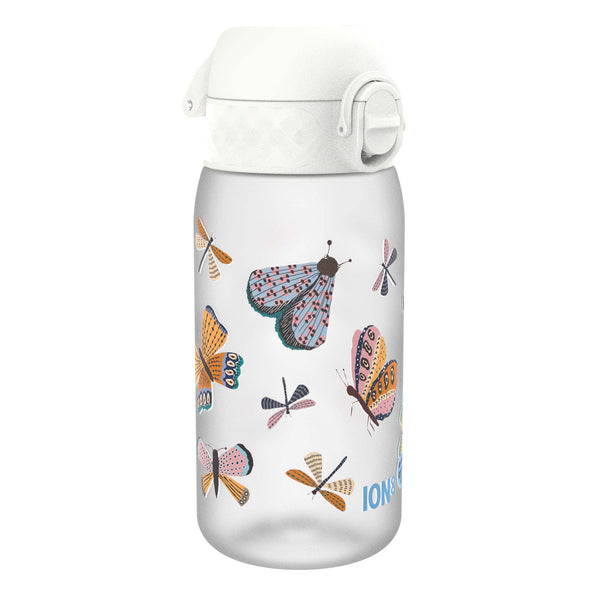 A translucent water bottle, featuring a white cap and butterfly/dragonfly designs, sits on a white background. ION8 is printed on the bottle.