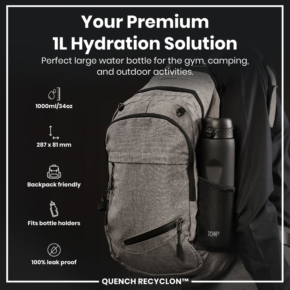 Leak Proof 1 litre Water Bottle, Recyclon, Black, 1L