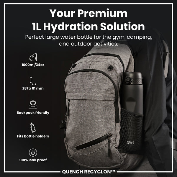 Leak Proof 1 litre Water Bottle, Recyclon, Black, 1L