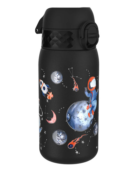 A black water bottle, featuring a space-themed design with an astronaut, planets, stars, and a rocket, sits on a white background.