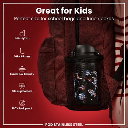 Auslaufsichere Kinderwasserflasche, Edelstahl, Space, 400 ml (13 oz)