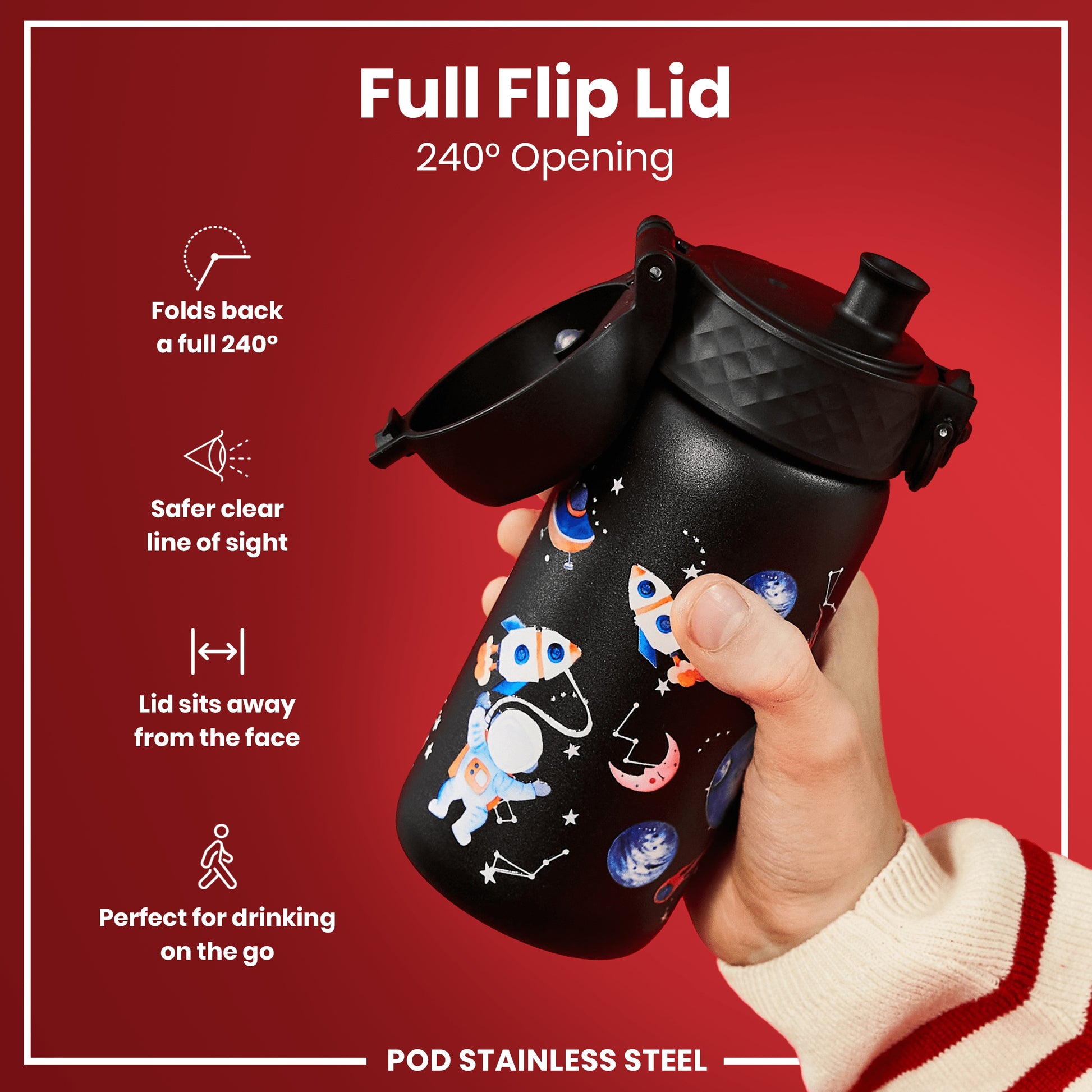 A black water bottle with a space theme design is being held. Its full flip lid offers a 240° opening. The bottle is shown against a red background.