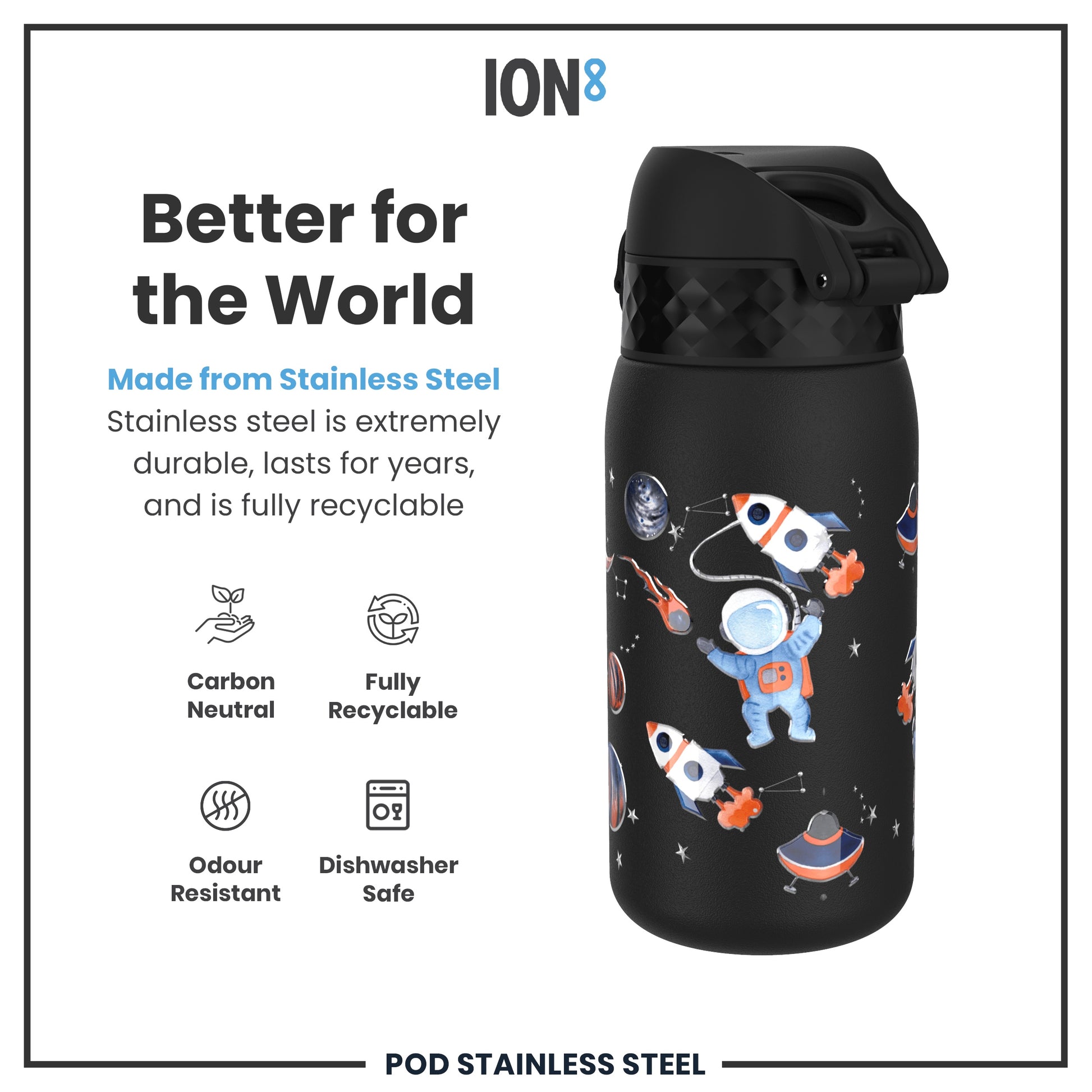 A black stainless steel water bottle, featuring a space theme, sits on a white background. It is advertised as durable, recyclable, and dishwasher safe. "Better for the World," "ION8," and "POD STAINLESS STEEL" are also present.