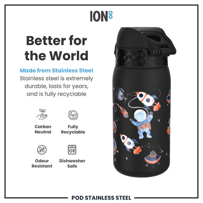 A black stainless steel water bottle, featuring a space theme, sits on a white background. It is advertised as durable, recyclable, and dishwasher safe. "Better for the World," "ION8," and "POD STAINLESS STEEL" are also present.
