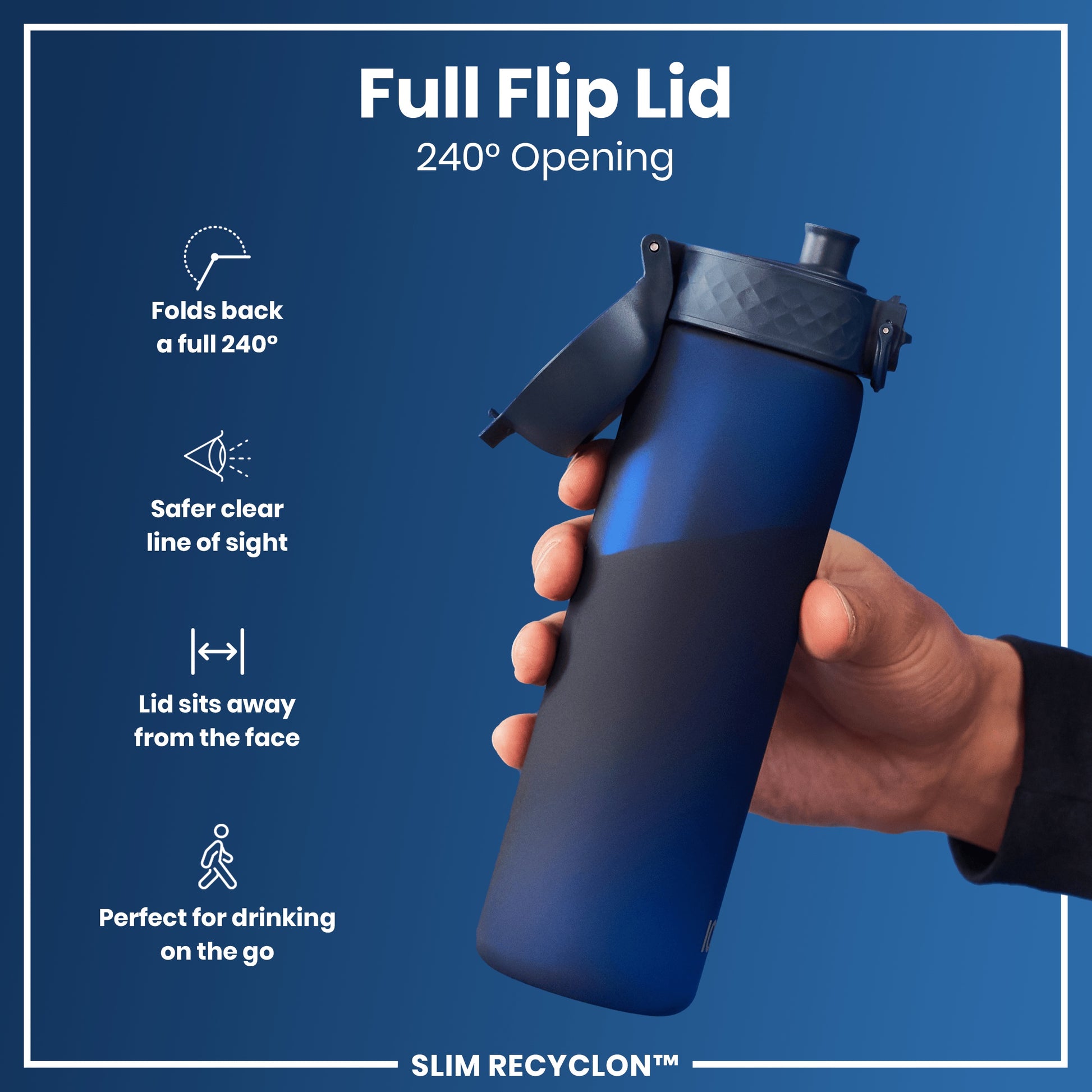 A dark-blue water bottle, with a flip-lid opened 240 degrees, is held by a person against a blue background. The bottle is labeled "SLIM RECYCLON™".