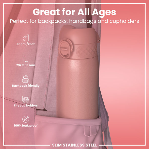 Leak Proof Slim Water Bottle, Stainless Steel, Ash Rose, 600ml (20oz)