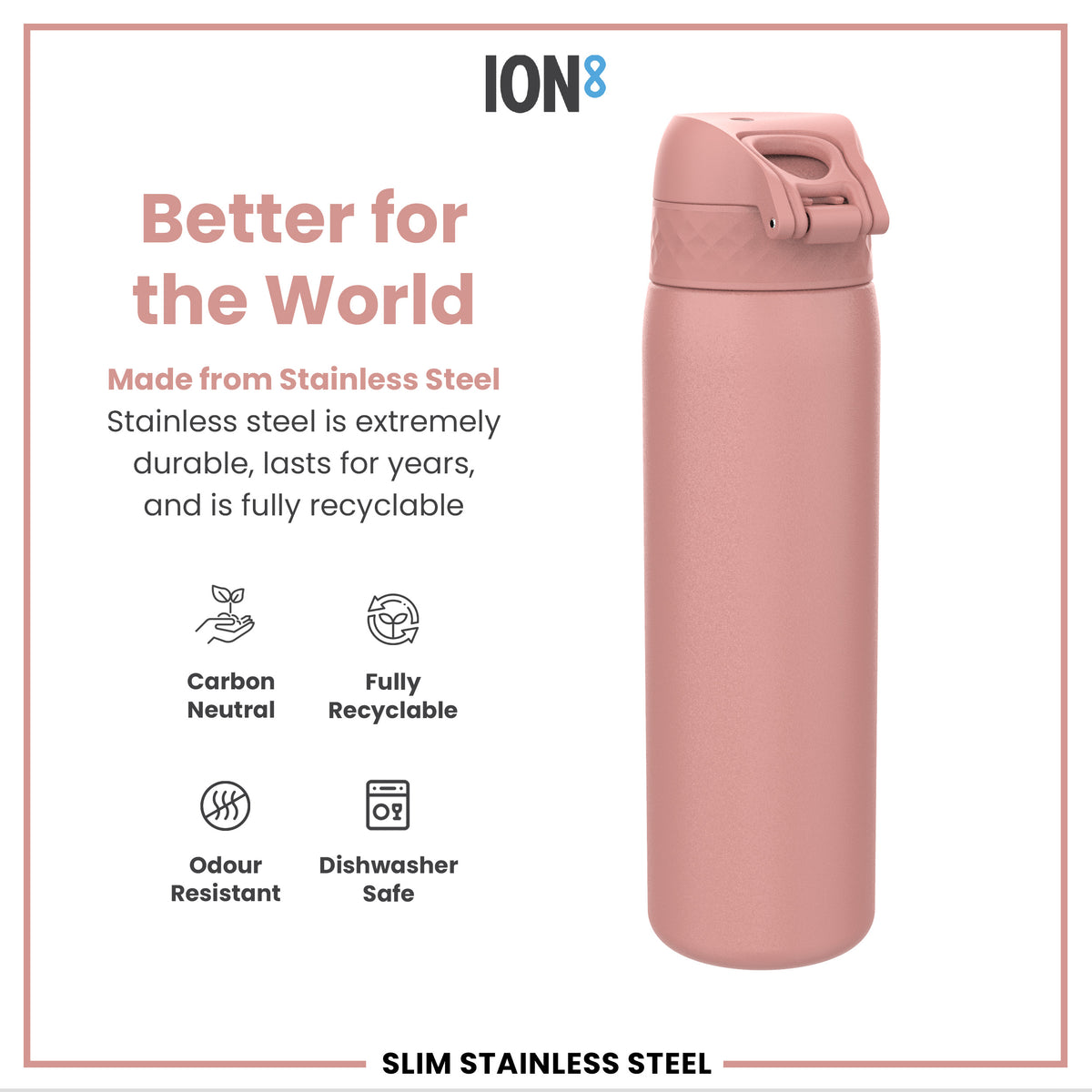 Leak Proof Slim Water Bottle, Stainless Steel, Ash Rose, 600ml (20oz)