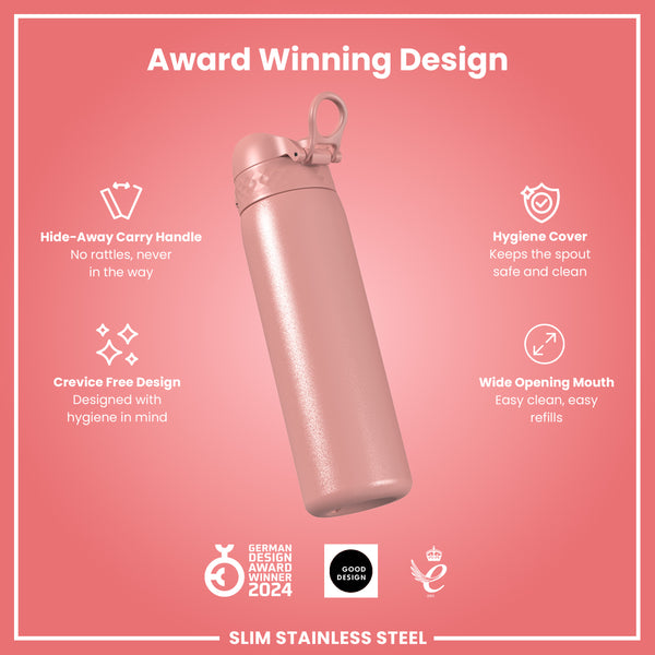 Leak Proof Slim Water Bottle, Stainless Steel, Ash Rose, 600ml (20oz)