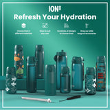 A teal water bottle stands upright against a white background. The bottle has a hinged, textured lid with a push-button closure. The brand 